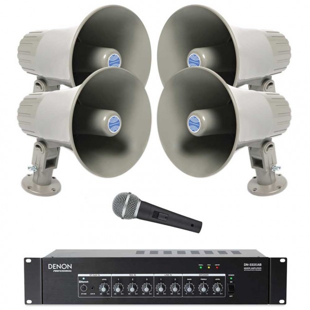 Public Address Sound System with 4 Atlas Sound GA-15T Horn Loudspeakers Denon Bluetooth Mixer Amplifier and Microphone (Discontinued Components)