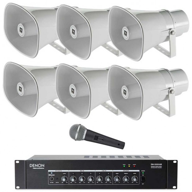 Public Address Sound System with 6 JBL CSS-H15 Paging Horns Denon Bluetooth Mixer Amplifier and FREE Microphone