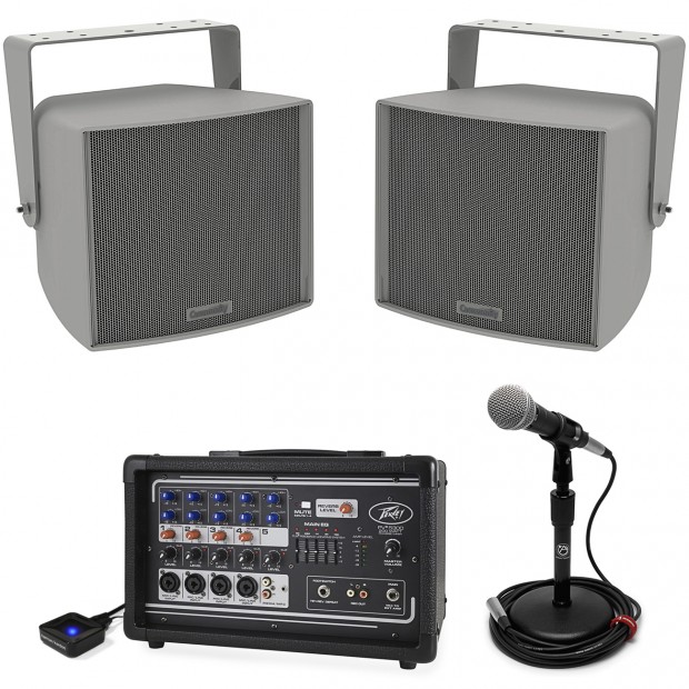 Public Pool Music and Paging Sound System with 2 All-Weather Loudspeakers and Microphone (Discontinued Components)