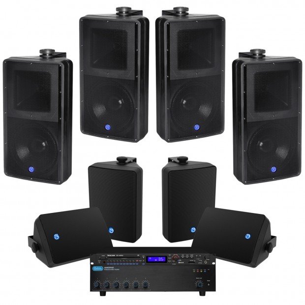 All-Weather Outdoor Oceanfront Restaurant and Bar Sound System with 12 Surface Mount Speakers and Bluetooth Media Player