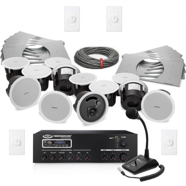 Background Music and Paging Sound System with 12 Bose In-Ceiling Speakers and 120W Bluetooth Mixer Amplifier - Up to 7,000 SF (Discontinued)