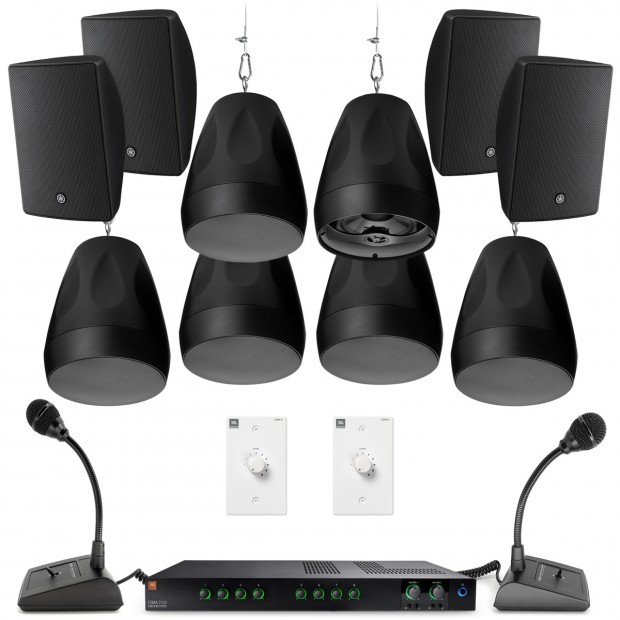 Background Music and Paging Sound System with 6 Pendant Mount Speakers and 4 Surface Mount Speakers (Up to 4,500 SF)