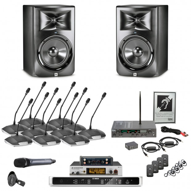 Elite Conference Room Sound System with JBL LSR308 Speakers and Bosch Digital Discussion System with Built‑in MP3 USB Recording