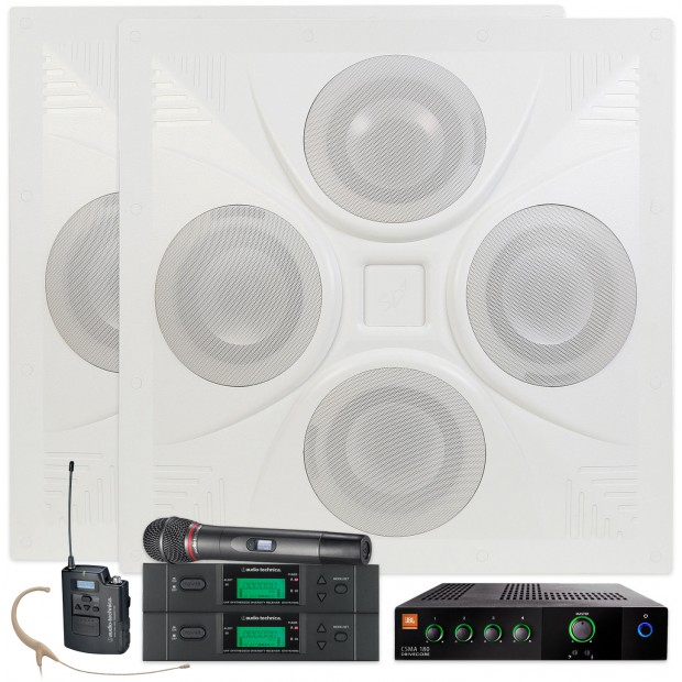 Conference Room Sound System with 2 Ceiling Speakers JBL Mixer Amplifier and 2 Audio-Technica Wireless Microphone Systems