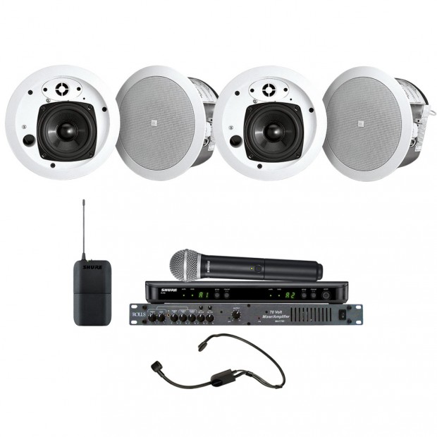 Conference Room Sound System with 4 JBL Control 24CT MicroPlus In-Ceiling Loudspeakers Rolls Mixer Amplifier and Shure Wireless System