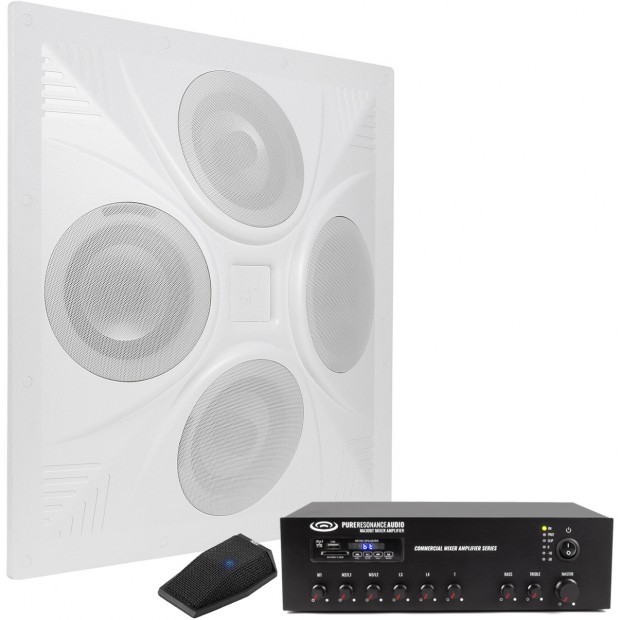 Conference Room Sound System with SD4 Ceiling Speaker Array, MA30BT Bluetooth Mixer Amplifier and Web Conferencing Microphone