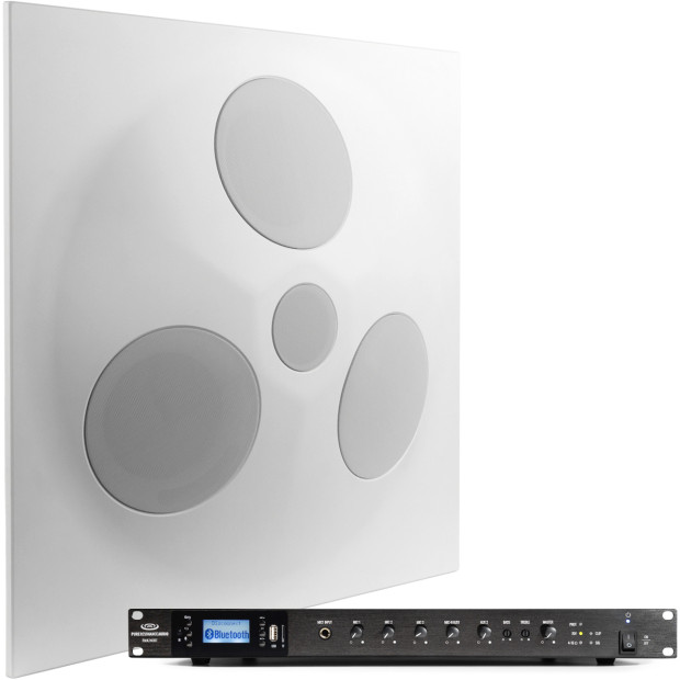 Conference Room Sound System with an SD5 SuperDispersion Ceiling Speaker Array and RMA240BT 240W Rack Mount Bluetooth Mixer Amplifier