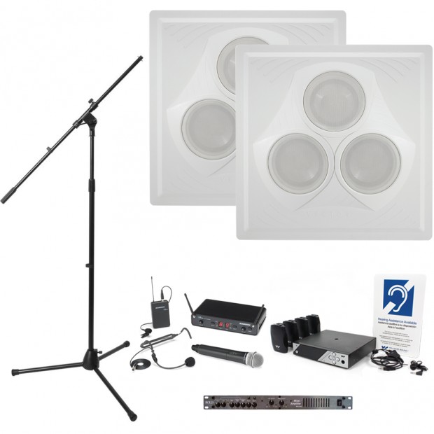 Church Sound System with 2 Vector Ceiling Speaker Arrays Mixer Amplifier and Dual Microphone Wireless System (Discontinued Components)