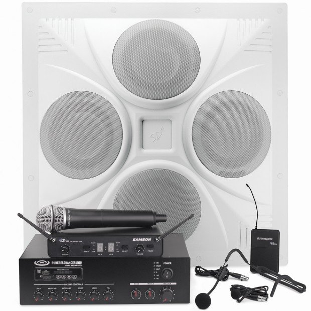 Classroom Sound System with SD4 Ceiling Speaker Array, MA60BT Bluetooth Mixer Amplifier and Dual Wireless Microphone System