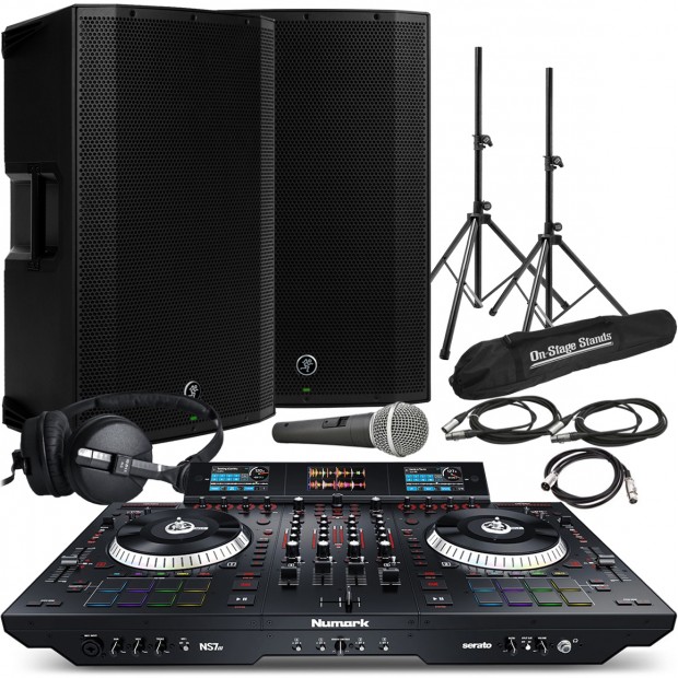 DJ Sound System with 2 Mackie Thump15BST 1300W 15" Powered Speakers and Numark NS7III 4-Channel DJ Controller (Discontinued Components)