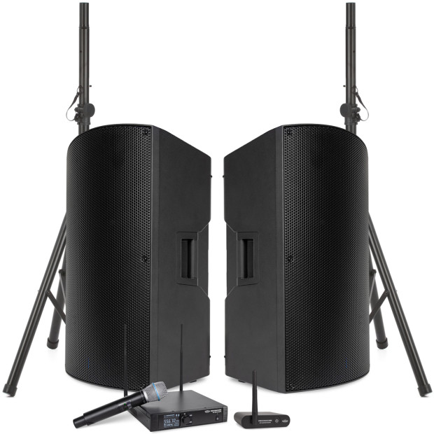Portable School Sound System with 2 A115 15" Powered PA Speakers, WMS1-HH Wireless Handheld Mic, BTR1 Bluetooth Receiver and Speaker Stands