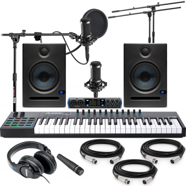 PreSonus Eris E3.5 2-Way Active Powered Studio Monitor Studio Pair,  Microphone Stand, Pop Filter, Studio Microphone/XLR Cable, 2 TS Instrument  Cables