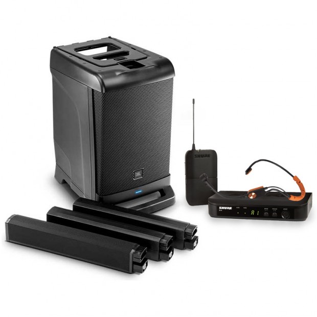 JBL Portable Fitness Sound System with JBL EON ONE Bluetooth PA System and Shure Fitness Wireless Microphone (Discontinued Components)