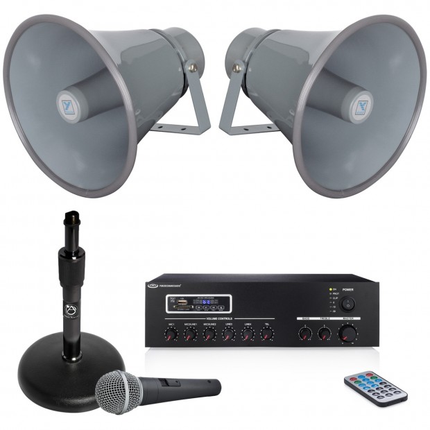 Public Address Sound System with 2 Yorkville C180 PA Horns and Pure Resonance Audio Bluetooth Mixer Amplifier