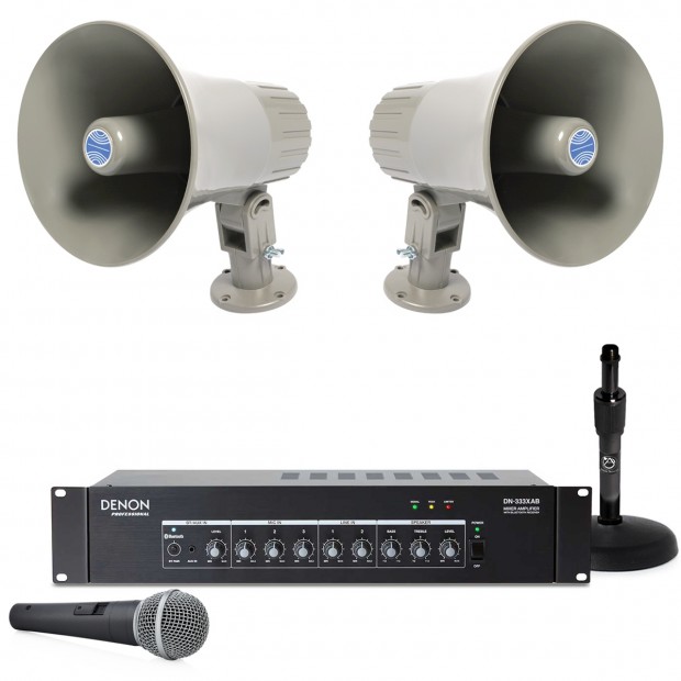 Public Address Sound System with 2 Atlas Sound GA-15T Horn Loudspeakers Denon Bluetooth Mixer Amplifier and FREE Microphone