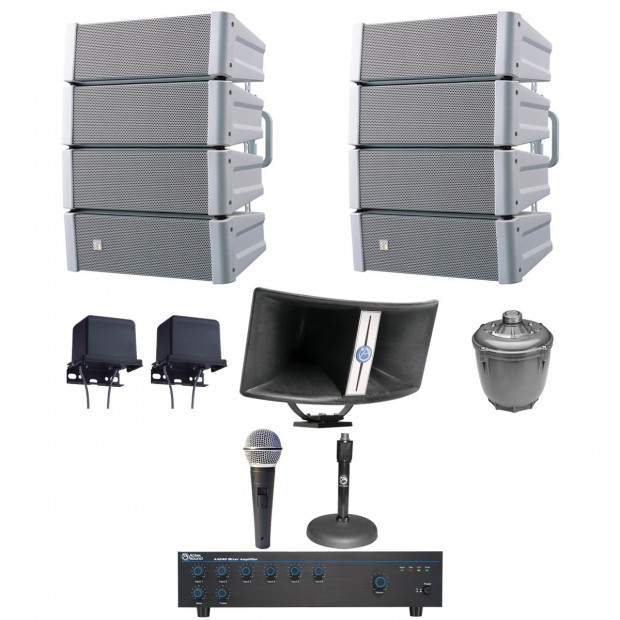 Public Address Sound System with 2 TOA Indoor Outdoor Variable Dispersion Speakers and Atlas Sound Bi-Ax Horn