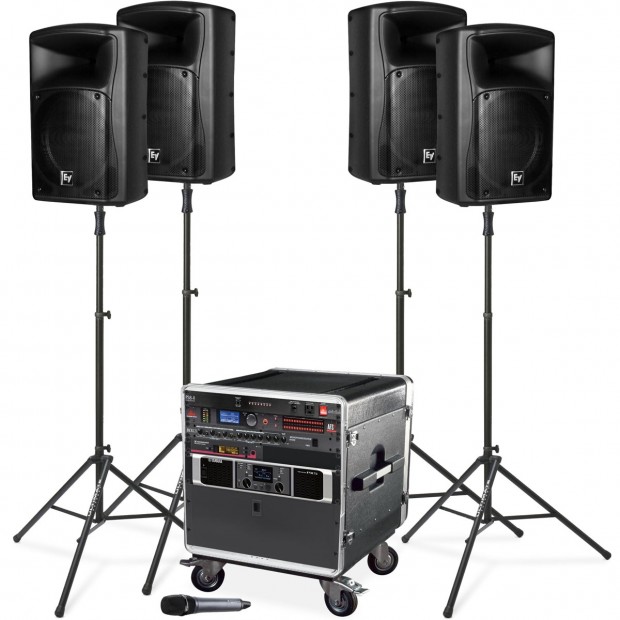 Portable School Sound System with 4 Electro-Voice Loudspeakers, Yamaha Power Amplifier and Sennheiser Wireless Microphone (Discontinued Components)