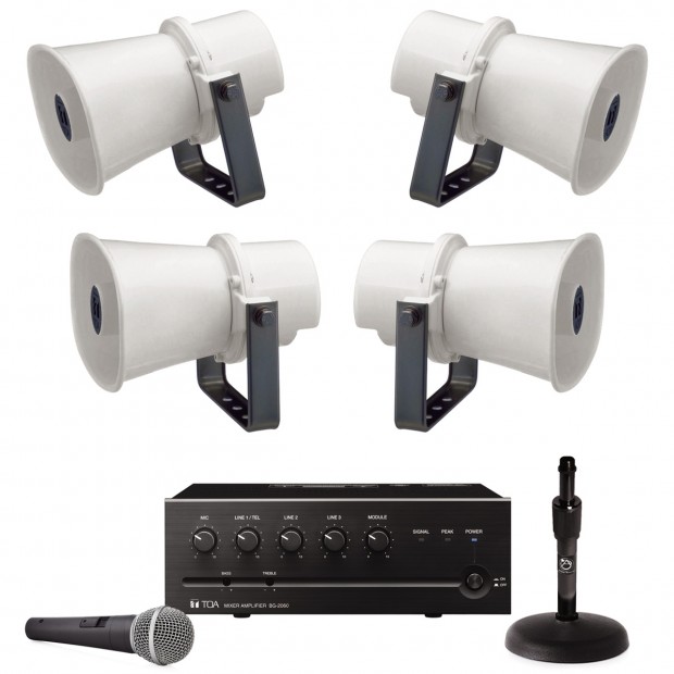 Public Address Sound System with 4 TOA 10W Paging Horn Loudspeakers and 60W Mixer Amplifier