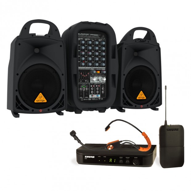 Portable Fitness Sound System with Behringer EUROPORT PA and Shure Wireless Microphone System