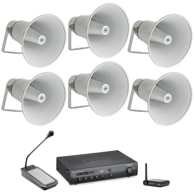 Public Address Sound System with 6 Bosch Horn Loudspeakers, Push-to-Talk Paging Microphone and Bluetooth Adapter