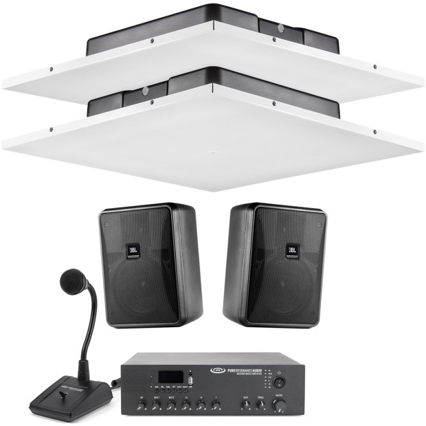 Restaurant Sound System for Indoor Outdoor Waiting Areas with 2 JBL Lay-In Ceiling Tile Speakers, 2 Outdoor Surface Mount JBL Speakers, Bluetooth Mixer Amplifier and Paging Mic