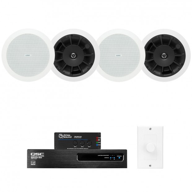 Restaurant Sound System with 4 QSC AcousticDesign In-Ceiling Speakers Power Amplifier and Atlas Sound Mixer (Discontinued)