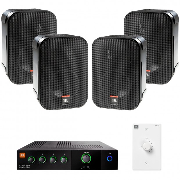 Restaurant Sound System with 4 JBL CSS-1S/T Wall Mount Loudspeakers and Mixer Amplifier