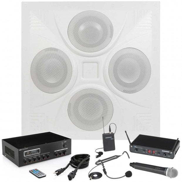 Conference Room Sound System with a Ceiling Speaker Array MA30BT Bluetooth Mixer Amplifier and Wireless Microphone System