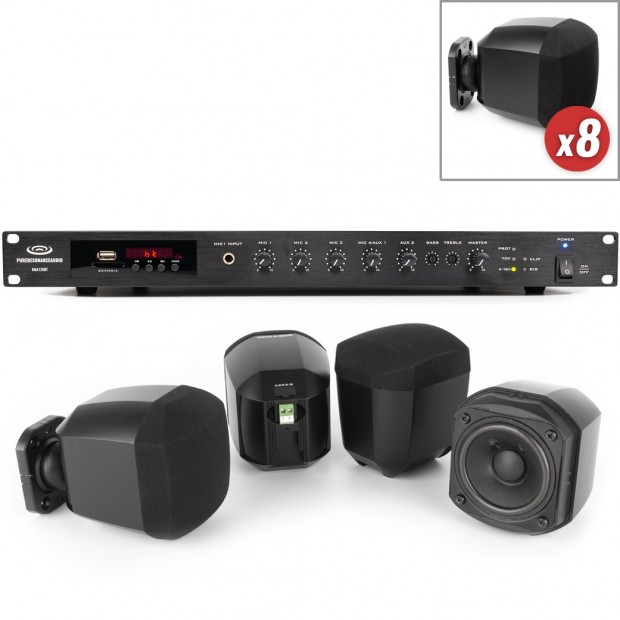 Retail Store Sound System with 8 S3 Surface Mount Speakers and RMA120BT 120W Rack Mount Bluetooth Mixer Amplifier (Discontinued Components)