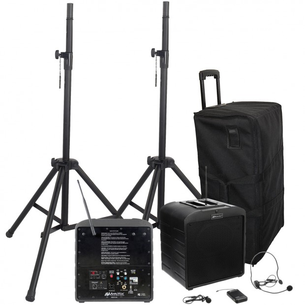 AmpliVox SW6923 AirVox Premium Bluetooth Portable PA System with 2 Speakers, Wireless Headset and Lapel Microphone, Speaker Stands and Carrying Case
