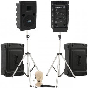 Portable Stadium Sound System with 2 Wireless Speakers, 2 Wireless Microphones, Bluetooth and 123 dB Output for Crowds of up to 3,000