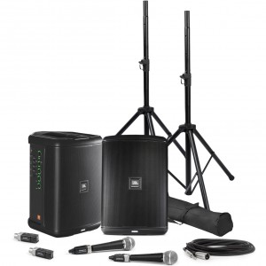 Portable Presentation Sound System with 2 JBL EON One Compact Bluetooth Speakers and 2 Microphones with 2.4 GHz Wireless Mic Adapters