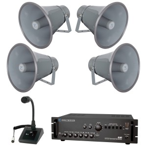 Gun and Firing Range Public Address Sound System with 4 Yorkville Outdoor PA Horns and Push-to-Talk Gooseneck Paging Microphone 