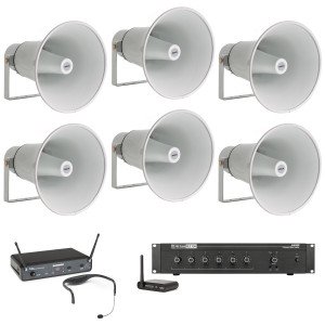 Shooting Range Sound System with 6 Bosch PA Horns, Wireless Headset Microphone and Bluetooth Wireless Adapter