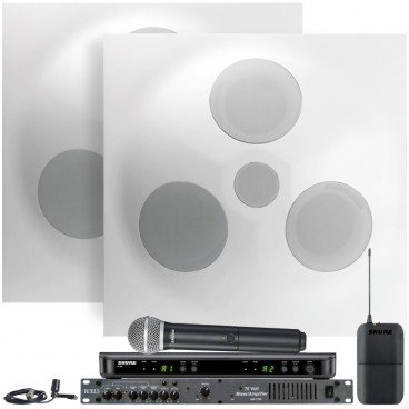 Conference Room Sound System with 2 Premium Ceiling Speakers Rolls MA1705 Mixer Amplifier and Shure Wireless System