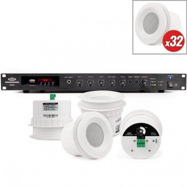 Hotel Sound System with 32 C3 Ceiling Speakers and RMA350BT 350W Rack Mount Bluetooth Mixer Amplifier