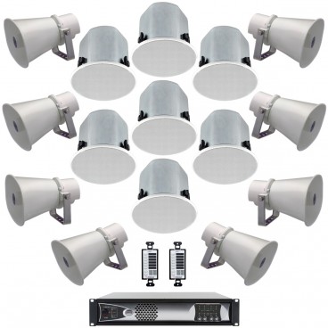 Manufacturing Plant PA Sound System with 12 TOA In-Ceiling Speakers and 24 TOA Paging Horns