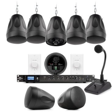 Paging Sound System with 8 PD4 4" 70V Pendant Speakers, RMA240BT 240W Mixer Amplifier, PTT1 Push-to-Talk Microphone and 2 VC100W Volume Controls
