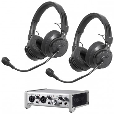 Two Person Podcast Studio Equipment Package with 2 Audio-Technica BPHS2 Broadcast Headsets with Boom Microphones and Tascam USB Audio/MIDI Interface