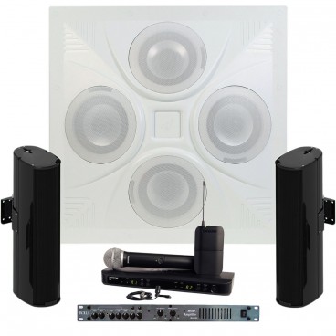 Conference Room Sound System with Ceiling Speaker Arrays Community Line Array Speakers Rolls MA1705 Mixer Amplifier and Shure Wireless System