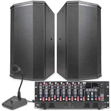 Public Address System with 2 P110 10" PA Speakers, MX9 9-Channel Mixer, DA2500 Dual-Impedance 500W Power Amplifier and PTT1 Paging Microphone