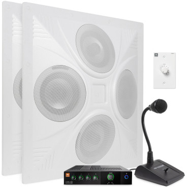 Restaurant Sound System with 2 Ceiling Speakers JBL Mixer Amplifier and Paging Microphone
