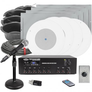 Restaurant Sound System with 8 In-Ceiling Speaker Kits, Bluetooth Mixer and Mic with U3 Digital Wireless Plug-On System