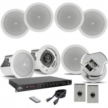 Restaurant Sound System with 8 JBL Control 14C/T Ceiling Speakers, Rackmount Bluetooth Mixer Amplifier and 2 Volume Controls