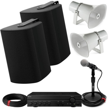 Baseball Field Sound System with 2 Biamp Stadium Speakers, 2 JBL Stadium Horns, Mixer Power Amplifier and Microphone