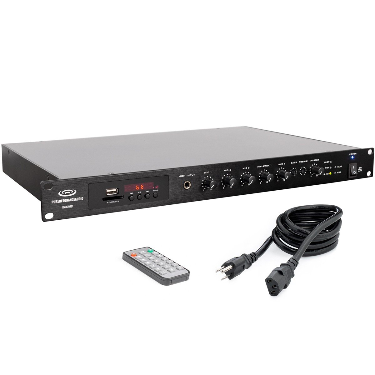 Pure Resonance Audio RMA350BT 350 Watt Commercial Rack Mount Mixer Amplifier with Bluetooth, Remote Control and Power Cord
