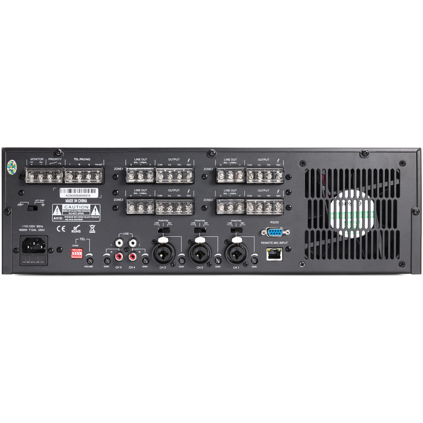 Back of Pure Resonance Audio RZMA240BT Mixer Amplifier
