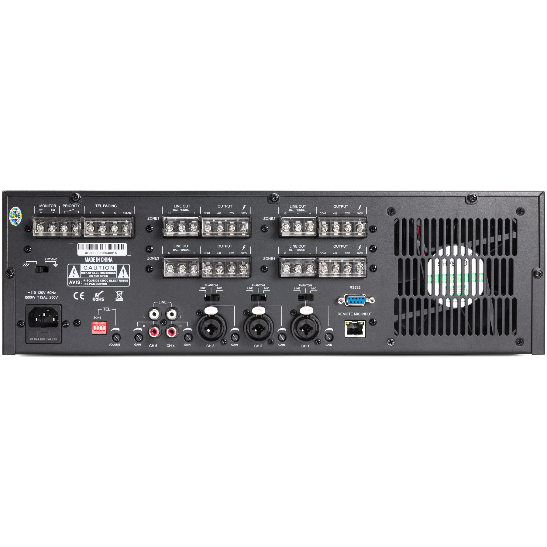 Back of Pure Resonance Audio RZMA240BT 4 Zone 240W Rack Mount Mixer Amplifier