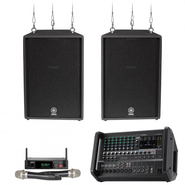 Auditorium Sound System 2 Yamaha Flyable C115VA 15 inch Loudspeakers, Portable Powered Mixer and Dual Handheld Wireless System