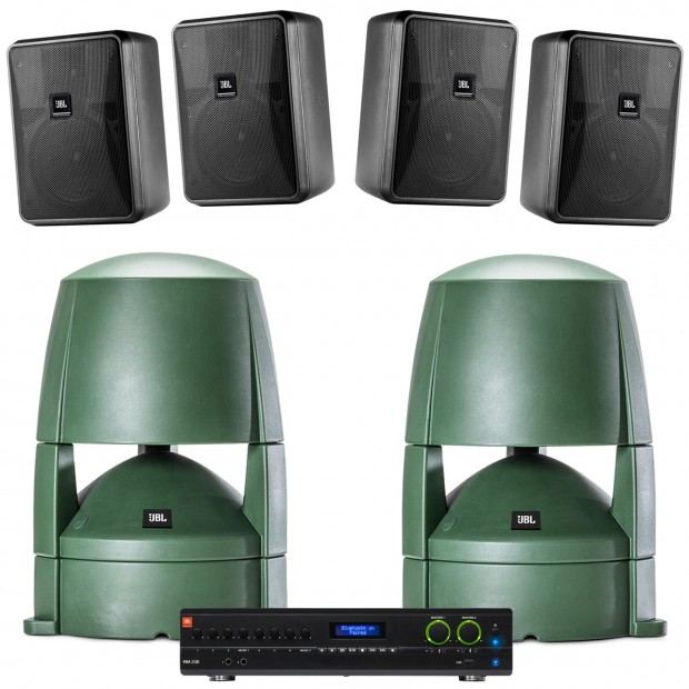 Restaurant Sound System With 4 Jbl Control 25 1 Wall Mount Indoor Outdoor Speakers 2 Landscape Garden And Zone Bluetooth Mixer Amplifier - Jbl Outdoor Wall Mount Speakers
